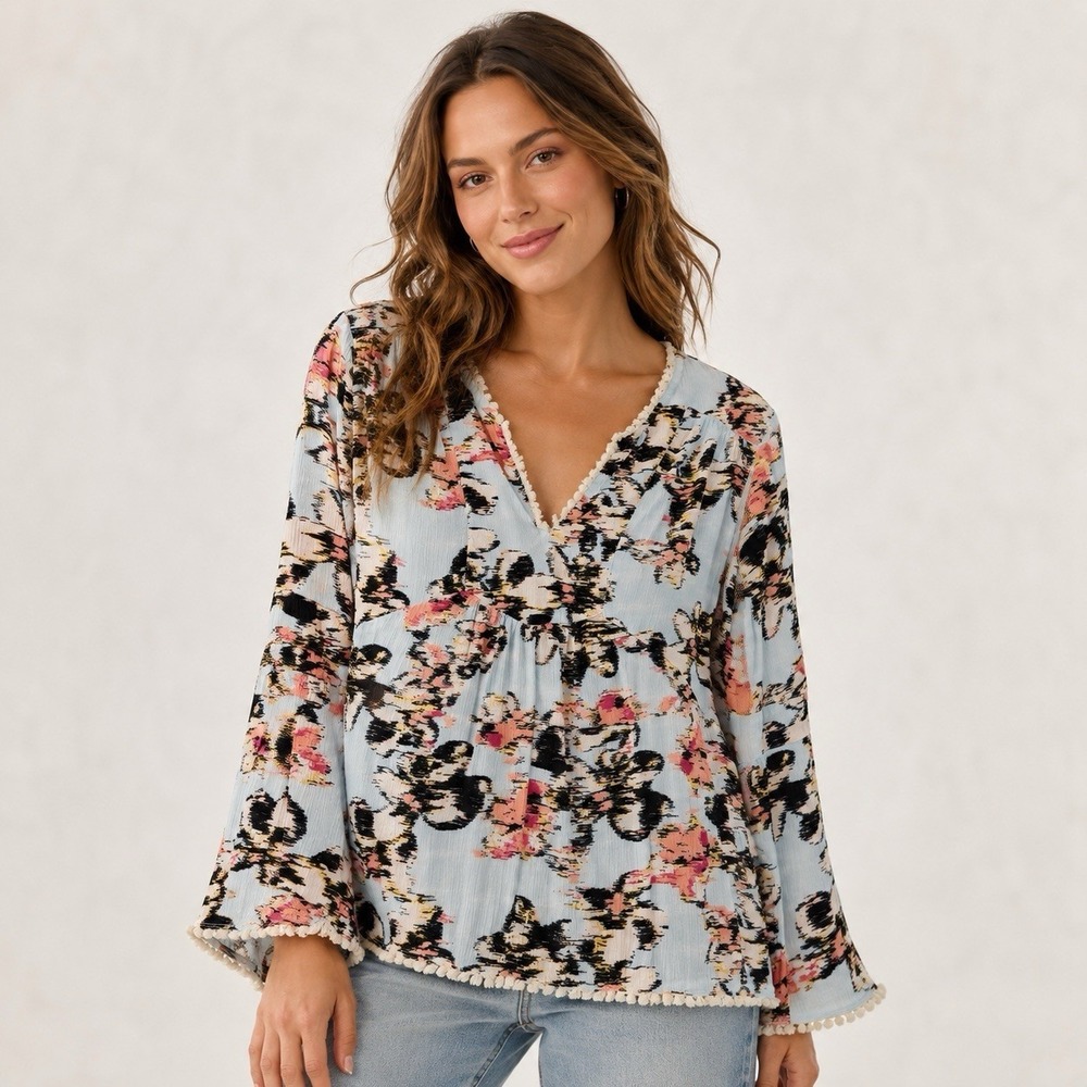 Caslon Women's Floral Babydoll Blouse Size L Blue Pink V Neck Fringe Trim